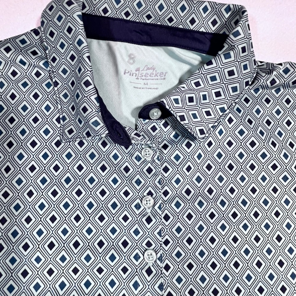 Lady Pinseeker Performance Golf Polo Shirt Blue Geometric Diamond Print Womens M